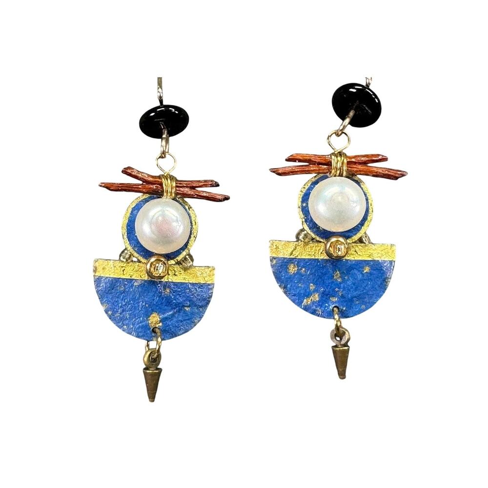 Vintage Artisan Made Mixed Material Dangle Drop Hook Earrings